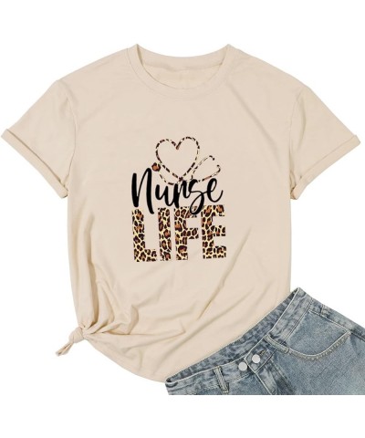 Women Nurse Life Shirt Stethoscope Graphic Nurse Gift Tee Funny Letter Print Short Sleeve Inspirational Tee Tops Beige $11.19...