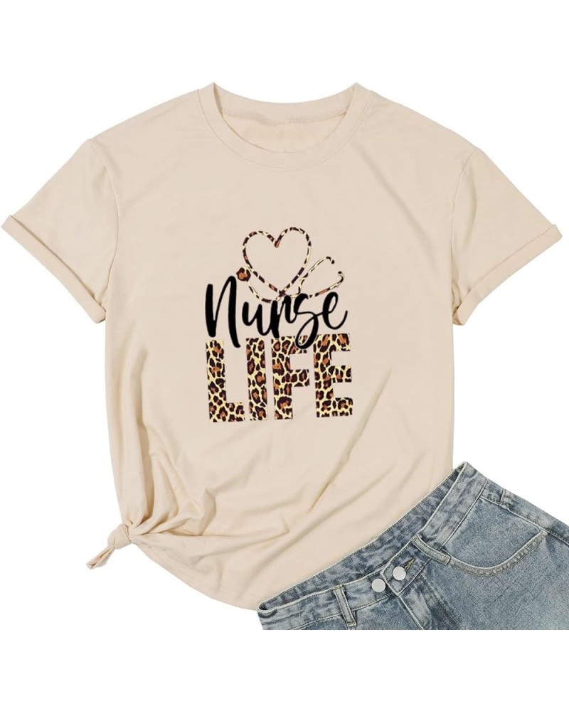 Women Nurse Life Shirt Stethoscope Graphic Nurse Gift Tee Funny Letter Print Short Sleeve Inspirational Tee Tops Beige $11.19...