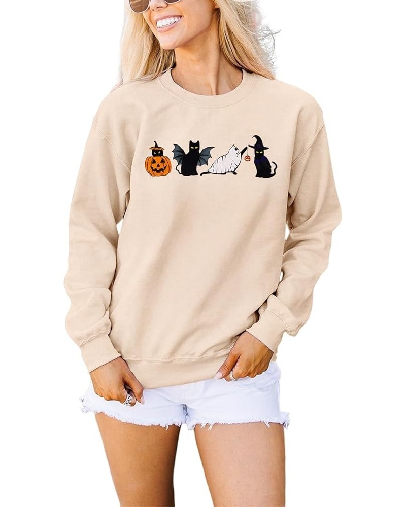 Women Halloween Cats Sweatshirt Crewneck Long Sleeve Black Cat Shirt Spooky Season Funny Graphic Pullover Tops Beige $17.10 H...