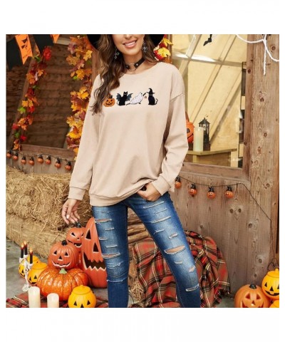 Women Halloween Cats Sweatshirt Crewneck Long Sleeve Black Cat Shirt Spooky Season Funny Graphic Pullover Tops Beige $17.10 H...