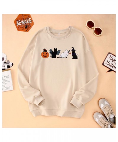 Women Halloween Cats Sweatshirt Crewneck Long Sleeve Black Cat Shirt Spooky Season Funny Graphic Pullover Tops Beige $17.10 H...