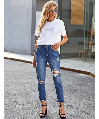 Women's Casual High Waisted Mom Jeans Ripped Stretchy Tapered Denim Pants Astro Indigo Blue $21.59 Jeans