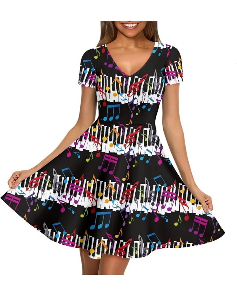 Colorful Dog Paw Dresses for Women V-Neck Dress for Casual Short Sleeves Midi Dresses Music Notes Piano Stripes $13.65 Others