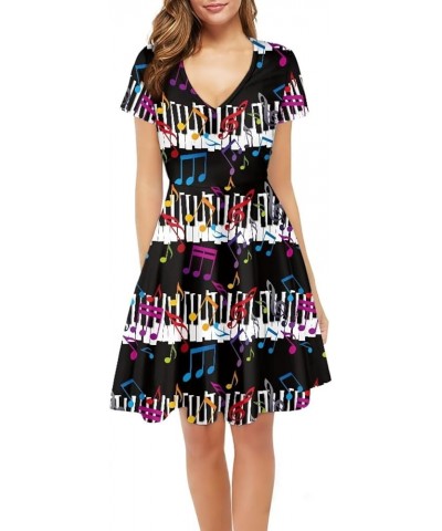 Colorful Dog Paw Dresses for Women V-Neck Dress for Casual Short Sleeves Midi Dresses Music Notes Piano Stripes $13.65 Others