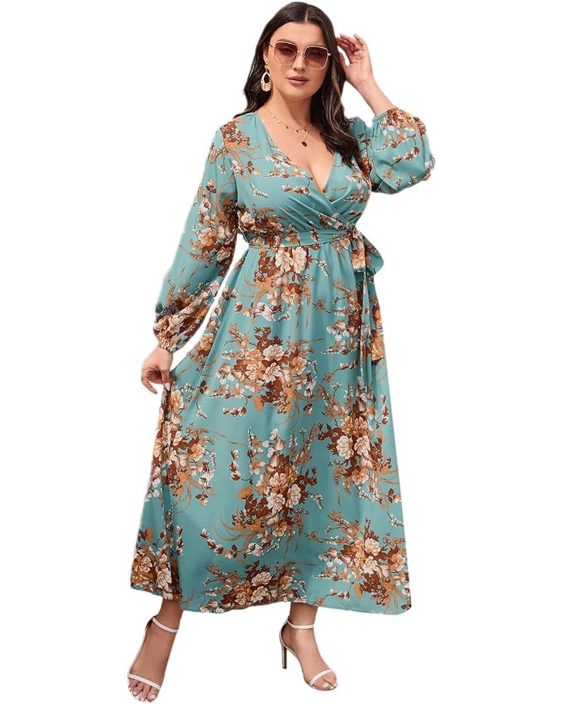 Women's Plus Size Floral Print V Neck Belted Bishop Long Sleeve Dress Floral Teal Blue $20.24 Dresses