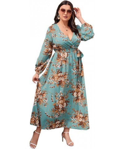 Women's Plus Size Floral Print V Neck Belted Bishop Long Sleeve Dress Floral Teal Blue $20.24 Dresses