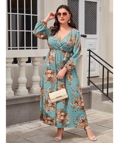 Women's Plus Size Floral Print V Neck Belted Bishop Long Sleeve Dress Floral Teal Blue $20.24 Dresses