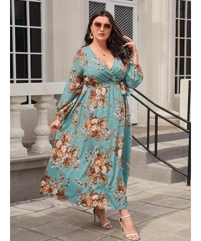 Women's Plus Size Floral Print V Neck Belted Bishop Long Sleeve Dress Floral Teal Blue $20.24 Dresses