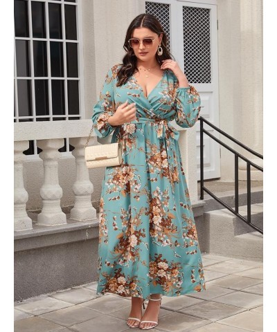 Women's Plus Size Floral Print V Neck Belted Bishop Long Sleeve Dress Floral Teal Blue $20.24 Dresses