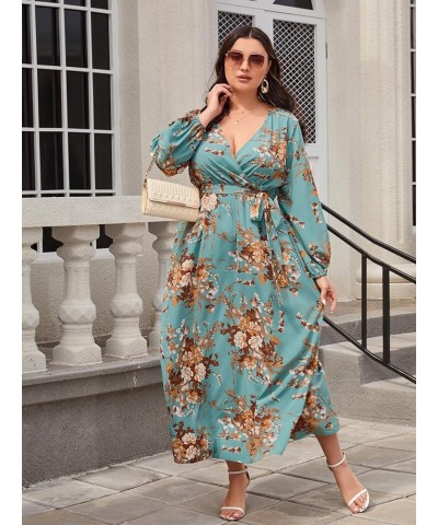 Women's Plus Size Floral Print V Neck Belted Bishop Long Sleeve Dress Floral Teal Blue $20.24 Dresses