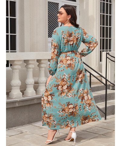 Women's Plus Size Floral Print V Neck Belted Bishop Long Sleeve Dress Floral Teal Blue $20.24 Dresses