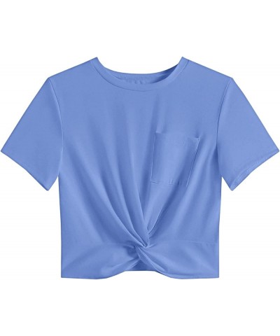 Women's Short Sleeve Twist Front Crop Tops Tee T-Shirt with Pocket. Light Blue $8.80 T-Shirts