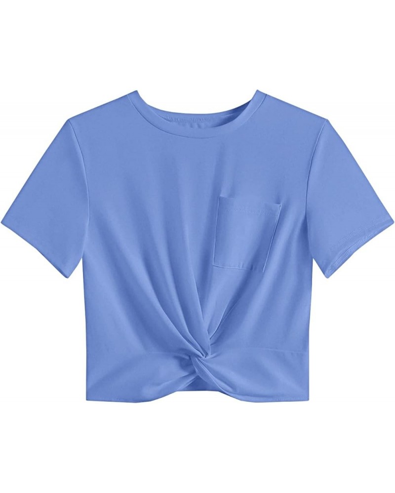 Women's Short Sleeve Twist Front Crop Tops Tee T-Shirt with Pocket. Light Blue $8.80 T-Shirts