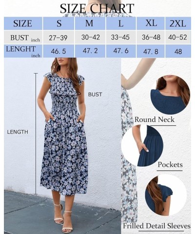 Womens Floral Print Round Neck Smocked Midi A-Line Dress with Pocket White1 $20.29 Dresses