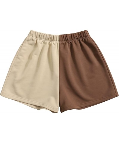 Women's Casual Elastic Waist Color Block Shorts High Waisted Short Workout Pants Apricot and Brown $6.71 Activewear