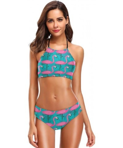 Flamingo African Tribal Bikini Swimsuit Womens High Neck Halter Two Piece Bathing Suit Flamingo $13.50 Swimsuits