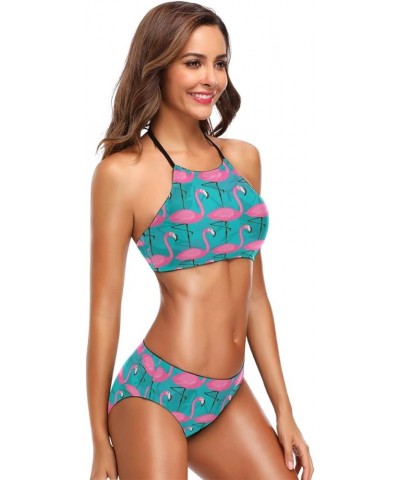 Flamingo African Tribal Bikini Swimsuit Womens High Neck Halter Two Piece Bathing Suit Flamingo $13.50 Swimsuits