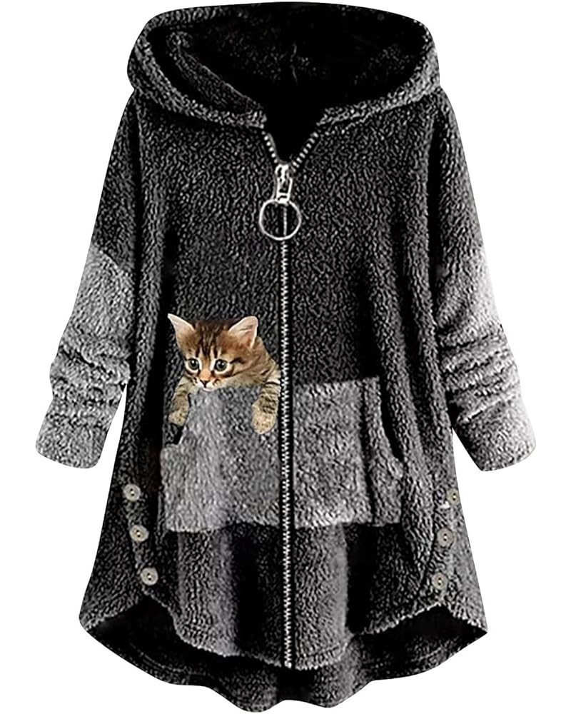 Women's Oversized Zip Up Sherpa Hoodie Fuzzy Fleece Jacket Cat Kitty Print Lightweight Faux Shearling A Line Teddy Coat Dark ...