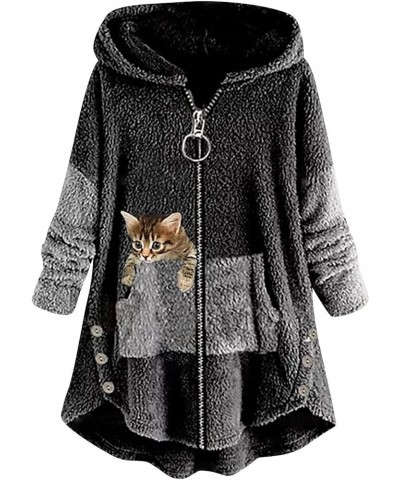 Women's Oversized Zip Up Sherpa Hoodie Fuzzy Fleece Jacket Cat Kitty Print Lightweight Faux Shearling A Line Teddy Coat Dark ...