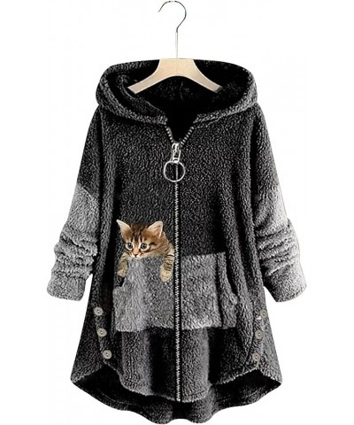 Women's Oversized Zip Up Sherpa Hoodie Fuzzy Fleece Jacket Cat Kitty Print Lightweight Faux Shearling A Line Teddy Coat Dark ...