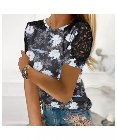 2023 Womens Summer Tops Plus Size Crewneck Floral Tshirts Trendy Lace Short Sleeve Basic Tees Dressy Casual Blouses D Black $...