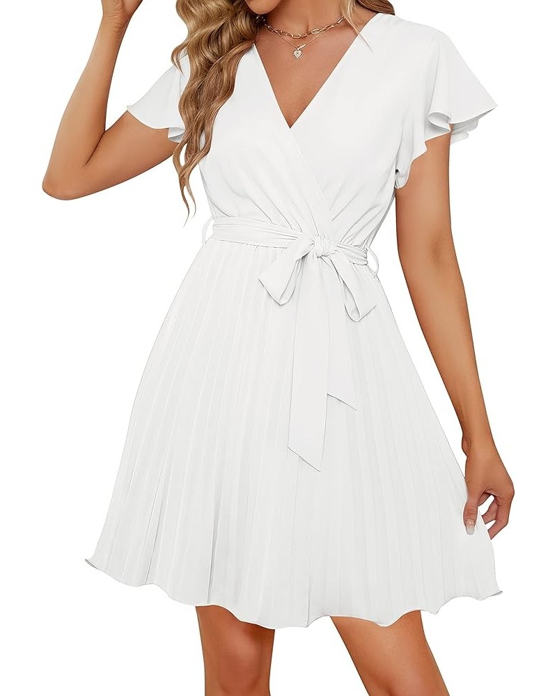 Women's Wrap V Neck Mini Dress 2024 Summer Flutter Sleeve Tie Waist Pleated A Line Swing Wedding Party Short Dresses White $2...