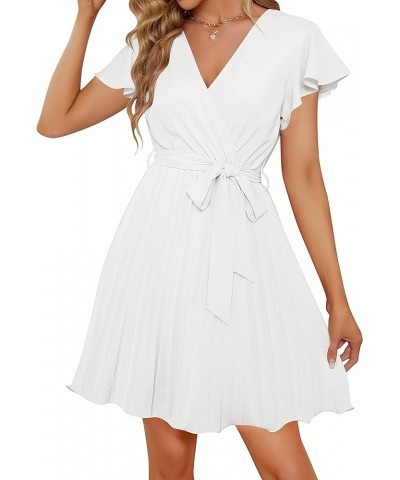 Women's Wrap V Neck Mini Dress 2024 Summer Flutter Sleeve Tie Waist Pleated A Line Swing Wedding Party Short Dresses White $2...