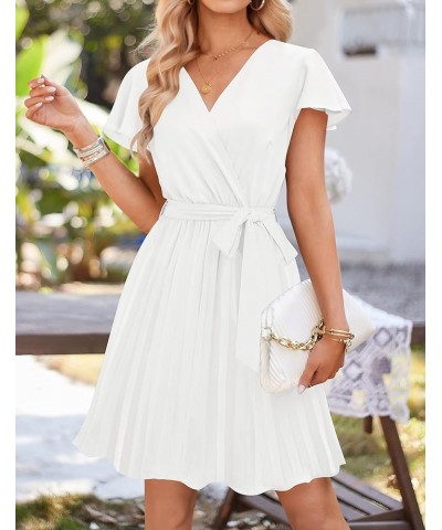 Women's Wrap V Neck Mini Dress 2024 Summer Flutter Sleeve Tie Waist Pleated A Line Swing Wedding Party Short Dresses White $2...