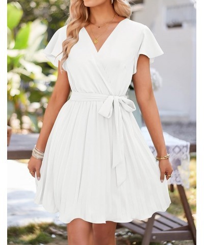 Women's Wrap V Neck Mini Dress 2024 Summer Flutter Sleeve Tie Waist Pleated A Line Swing Wedding Party Short Dresses White $2...