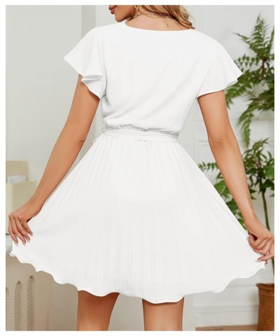 Women's Wrap V Neck Mini Dress 2024 Summer Flutter Sleeve Tie Waist Pleated A Line Swing Wedding Party Short Dresses White $2...