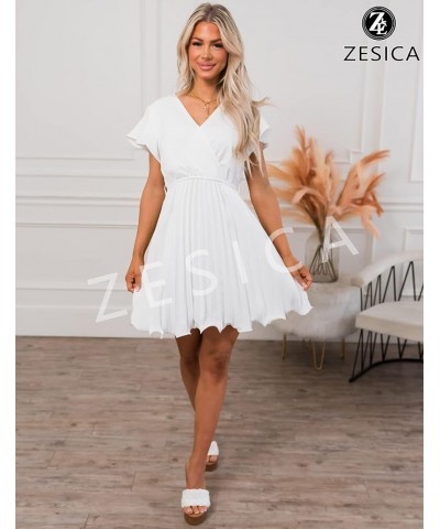 Women's Wrap V Neck Mini Dress 2024 Summer Flutter Sleeve Tie Waist Pleated A Line Swing Wedding Party Short Dresses White $2...