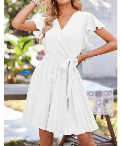 Women's Wrap V Neck Mini Dress 2024 Summer Flutter Sleeve Tie Waist Pleated A Line Swing Wedding Party Short Dresses White $2...