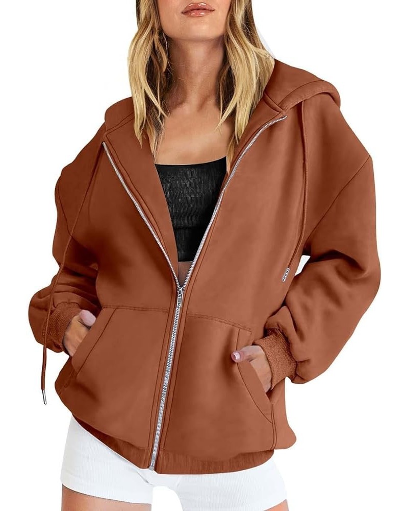 Womens Hoodies,Women's Fall Oversized Pocket Sweatshirt Casual Drawstring Zipper Long Sleeve Pure Color Hoodies Coffee 2 $7.7...