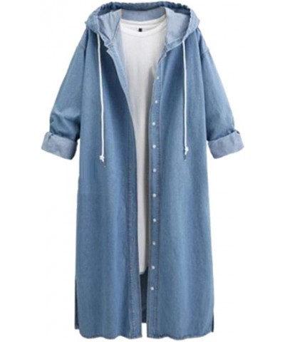 Hooded Denim Jacket Women Long Jean Coat Hoodie Outwear Casual Overcoat Light Blue $10.73 Jackets