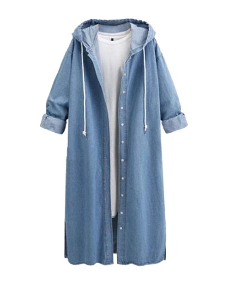 Hooded Denim Jacket Women Long Jean Coat Hoodie Outwear Casual Overcoat Light Blue $10.73 Jackets