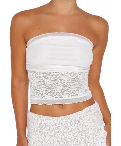 Women's Sexy Sheer Mesh Tube Top Strapless Bandeau Tops See Through Slim Fit Crop Tops Lettuce Lace White $10.59 Tanks