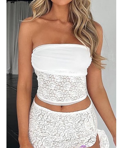 Women's Sexy Sheer Mesh Tube Top Strapless Bandeau Tops See Through Slim Fit Crop Tops Lettuce Lace White $10.59 Tanks