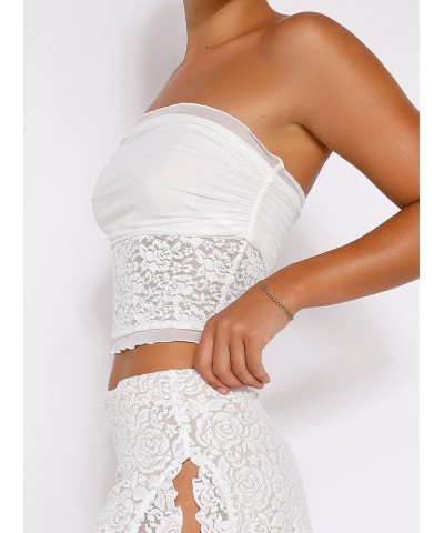 Women's Sexy Sheer Mesh Tube Top Strapless Bandeau Tops See Through Slim Fit Crop Tops Lettuce Lace White $10.59 Tanks