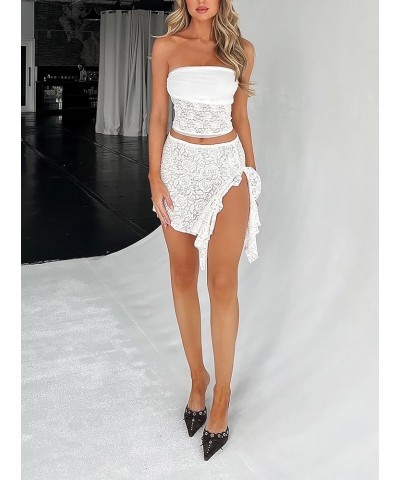 Women's Sexy Sheer Mesh Tube Top Strapless Bandeau Tops See Through Slim Fit Crop Tops Lettuce Lace White $10.59 Tanks