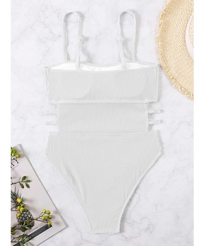 Women's Ribbed One Piece Swimwear Cutout Tummy Control Bathing Suit White $16.79 Swimsuits