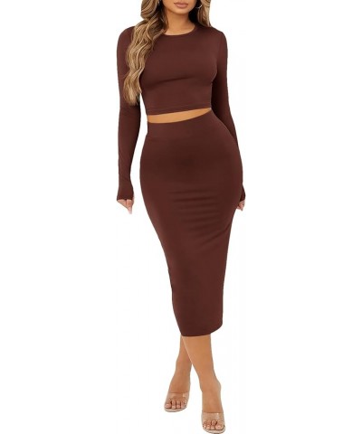 Women's 2 Piece Outfit Fitted Long Sleeve Crop Top and Pencil Midi Skirt Set Coffee Brown $21.65 Suits