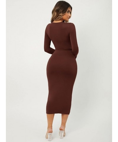 Women's 2 Piece Outfit Fitted Long Sleeve Crop Top and Pencil Midi Skirt Set Coffee Brown $21.65 Suits