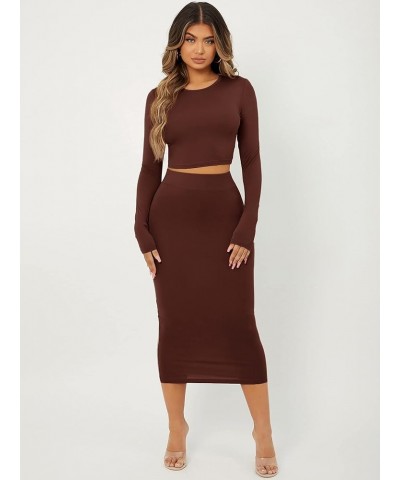 Women's 2 Piece Outfit Fitted Long Sleeve Crop Top and Pencil Midi Skirt Set Coffee Brown $21.65 Suits