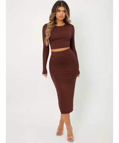 Women's 2 Piece Outfit Fitted Long Sleeve Crop Top and Pencil Midi Skirt Set Coffee Brown $21.65 Suits