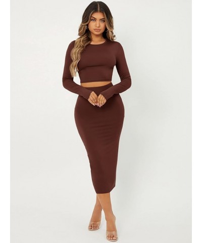 Women's 2 Piece Outfit Fitted Long Sleeve Crop Top and Pencil Midi Skirt Set Coffee Brown $21.65 Suits