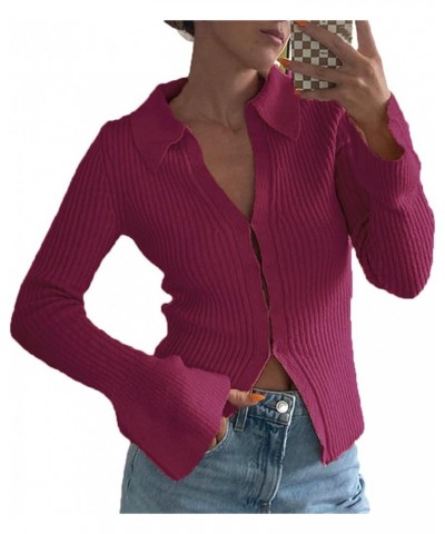 Sexy Lapel V Neck Ribbed Sweater for Women Bell Long Sleeve Slim Fitted Button Down Knit Cardigan Tops A-slim Fitted Rose Red...