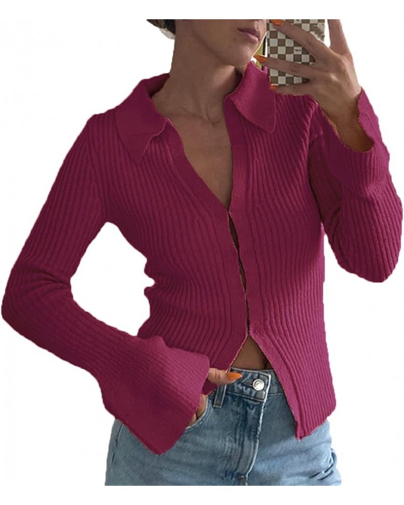 Sexy Lapel V Neck Ribbed Sweater for Women Bell Long Sleeve Slim Fitted Button Down Knit Cardigan Tops A-slim Fitted Rose Red...