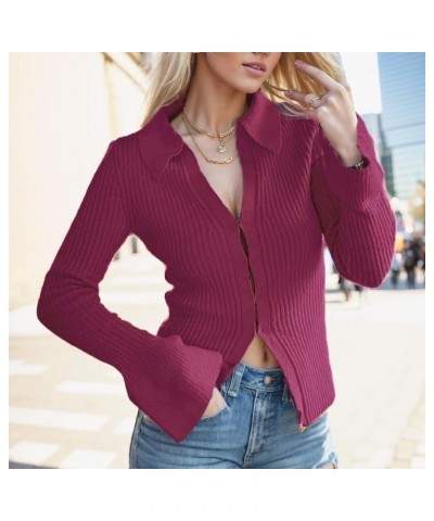 Sexy Lapel V Neck Ribbed Sweater for Women Bell Long Sleeve Slim Fitted Button Down Knit Cardigan Tops A-slim Fitted Rose Red...