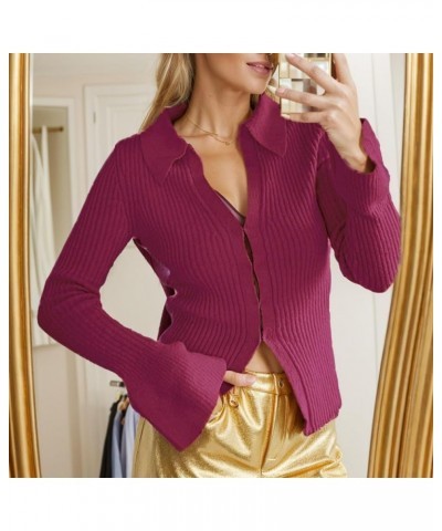 Sexy Lapel V Neck Ribbed Sweater for Women Bell Long Sleeve Slim Fitted Button Down Knit Cardigan Tops A-slim Fitted Rose Red...