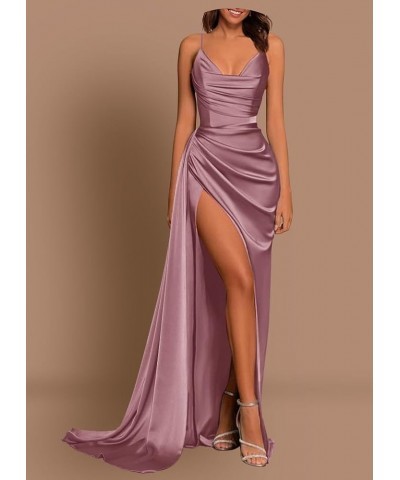 Spaghetti Strap Satin Prom Dresses for Women V Neck Slit Long Evening Party Dress with Train Mauve $36.75 Dresses